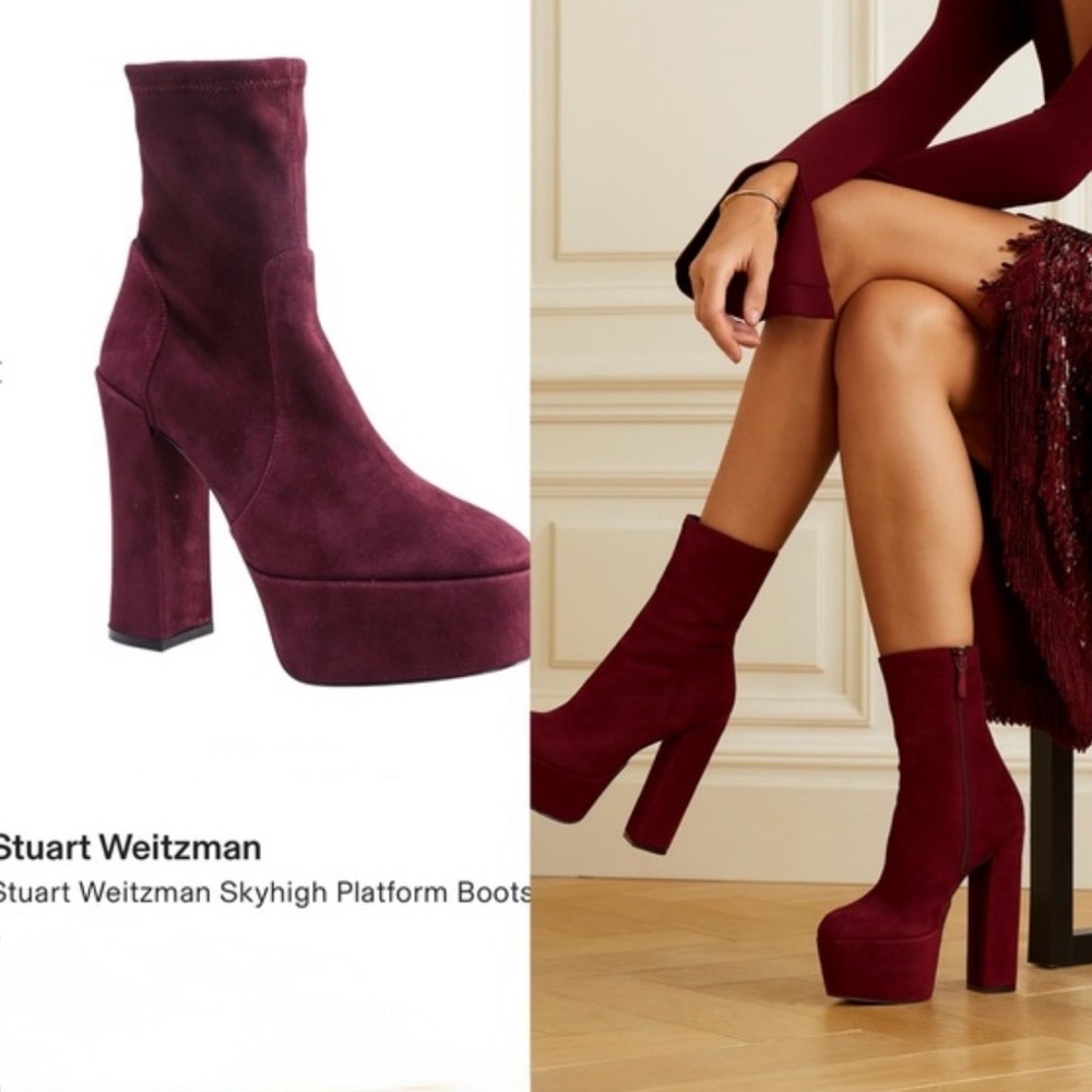 NIB Stuart Weitzman $1044 Burgundy Skyhigh Platform Boots Size 7.5